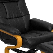 Contemporary Multi-Position Recliner and Ottoman with Swivel Maple Wood Base in Black LeatherSoft, BT-7615-BK-CURV-GG