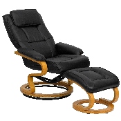 Contemporary Multi-Position Recliner and Ottoman with Swivel Maple Wood Base in Black LeatherSoft, BT-7615-BK-CURV-GG