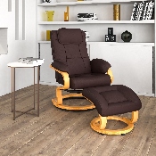 Contemporary Multi-Position Recliner and Ottoman with Swivel Maple Wood Base in Brown LeatherSoft, BT-7615-BN-CURV-GG