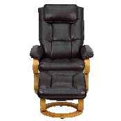 Contemporary Multi-Position Recliner and Ottoman with Swivel Maple Wood Base in Brown LeatherSoft, BT-7615-BN-CURV-GG