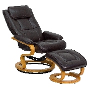 Contemporary Multi-Position Recliner and Ottoman with Swivel Maple Wood Base in Brown LeatherSoft, BT-7615-BN-CURV-GG