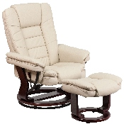 Contemporary Multi-Position Recliner with Horizontal Stitching and Ottoman with Swivel Mahogany Wood Base in Beige LeatherSoft, BT-7818-BGE-GG