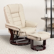 Contemporary Multi-Position Recliner with Horizontal Stitching and Ottoman with Swivel Mahogany Wood Base in Beige LeatherSoft, BT-7818-BGE-GG