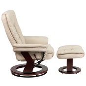 Contemporary Multi-Position Recliner with Horizontal Stitching and Ottoman with Swivel Mahogany Wood Base in Beige LeatherSoft, BT-7818-BGE-GG