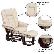 Contemporary Multi-Position Recliner with Horizontal Stitching and Ottoman with Swivel Mahogany Wood Base in Beige LeatherSoft, BT-7818-BGE-GG