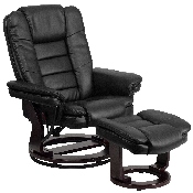 Contemporary Multi-Position Recliner with Horizontal Stitching and Ottoman with Swivel Mahogany Wood Base in Black LeatherSoft, BT-7818-BK-GG