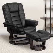 Contemporary Multi-Position Recliner with Horizontal Stitching and Ottoman with Swivel Mahogany Wood Base in Black LeatherSoft, BT-7818-BK-GG