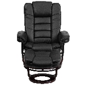 Contemporary Multi-Position Recliner with Horizontal Stitching and Ottoman with Swivel Mahogany Wood Base in Black LeatherSoft, BT-7818-BK-GG
