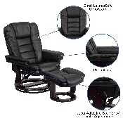 Contemporary Multi-Position Recliner with Horizontal Stitching and Ottoman with Swivel Mahogany Wood Base in Black LeatherSoft, BT-7818-BK-GG