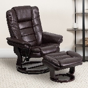 Contemporary Multi-Position Recliner with Horizontal Stitching and Ottoman with Swivel Mahogany Wood Base in Brown LeatherSoft, BT-7818-BN-GG