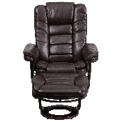 Contemporary Multi-Position Recliner with Horizontal Stitching and Ottoman with Swivel Mahogany Wood Base in Brown LeatherSoft, BT-7818-BN-GG
