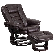 Contemporary Multi-Position Recliner with Horizontal Stitching and Ottoman with Swivel Mahogany Wood Base in Brown LeatherSoft, BT-7818-BN-GG