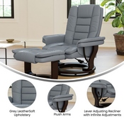 Bali Contemporary Multi-Position Recliner with Horizontal Stitching and Ottoman with Swivel Mahogany Wood Base in Gray LeatherSoft, BT-7818-GY-GG
