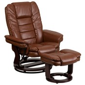 Contemporary Multi-Position Recliner with Horizontal Stitching and Ottoman with Swivel Mahogany Wood Base in Brown Vintage Leather, BT-7818-VIN-GG
