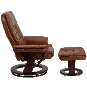 Contemporary Multi-Position Recliner with Horizontal Stitching and Ottoman with Swivel Mahogany Wood Base in Brown Vintage Leather, BT-7818-VIN-GG