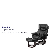 Contemporary Multi-Position Recliner and Curved Ottoman with Swivel Mahogany Wood Base in Black LeatherSoft, BT-7821-BK-GG