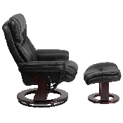 Contemporary Multi-Position Recliner and Curved Ottoman with Swivel Mahogany Wood Base in Black LeatherSoft, BT-7821-BK-GG