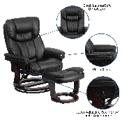 Contemporary Multi-Position Recliner and Curved Ottoman with Swivel Mahogany Wood Base in Black LeatherSoft, BT-7821-BK-GG