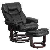 Contemporary Multi-Position Recliner and Curved Ottoman with Swivel Mahogany Wood Base in Black LeatherSoft, BT-7821-BK-GG