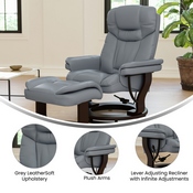 Allie Recliner Chair with Ottoman, Gray LeatherSoft Swivel Recliner Chair with Ottoman Footrest, BT-7821-GY-GG