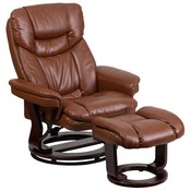 Contemporary Multi-Position Recliner and Curved Ottoman with Swivel Mahogany Wood Base in Brown Vintage LeatherSoft, BT-7821-VIN-GG