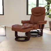 Contemporary Multi-Position Recliner and Curved Ottoman with Swivel Mahogany Wood Base in Brown Vintage LeatherSoft, BT-7821-VIN-GG