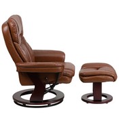 Contemporary Multi-Position Recliner and Curved Ottoman with Swivel Mahogany Wood Base in Brown Vintage LeatherSoft, BT-7821-VIN-GG