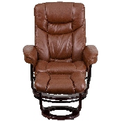 Contemporary Multi-Position Recliner and Curved Ottoman with Swivel Mahogany Wood Base in Brown Vintage LeatherSoft, BT-7821-VIN-GG