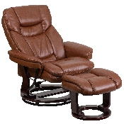 Contemporary Multi-Position Recliner and Curved Ottoman with Swivel Mahogany Wood Base in Brown Vintage LeatherSoft, BT-7821-VIN-GG