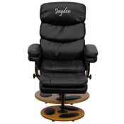 Personalized Contemporary Multi-Position Recliner and Ottoman with Wood Base in Black LeatherSoft, BT-7828-PILLOW-TXTEMB-GG