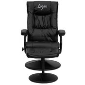 Personalized Contemporary Multi-Position Recliner and Ottoman with Wrapped Base in Black LeatherSoft, BT-7862-BK-TXTEMB-GG