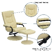 Contemporary Multi-Position Recliner and Ottoman with Wrapped Base in Cream LeatherSoft, BT-7862-CREAM-GG
