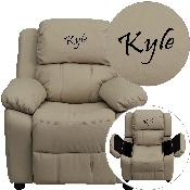 Personalized Deluxe Padded Beige Vinyl Kids Recliner with Storage Arms, BT-7985-KID-BGE-TXTEMB-GG