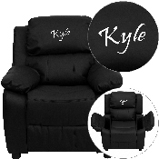 Personalized Deluxe Padded Black LeatherSoft Kids Recliner with Storage Arms, BT-7985-KID-BK-LEA-TXTEMB-GG