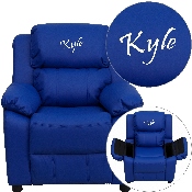 Personalized Deluxe Padded Blue Vinyl Kids Recliner with Storage Arms, BT-7985-KID-BLUE-TXTEMB-GG