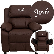 Personalized Deluxe Padded Brown LeatherSoft Kids Recliner with Storage Arms, BT-7985-KID-BRN-LEA-TXTEMB-GG