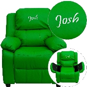 Personalized Deluxe Padded Green Vinyl Kids Recliner with Storage Arms, BT-7985-KID-GRN-TXTEMB-GG
