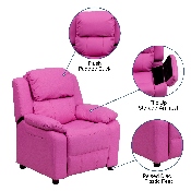 Deluxe Padded Contemporary Hot Pink Vinyl Kids Recliner with Storage Arms, BT-7985-KID-HOT-PINK-GG
