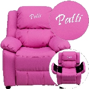 Personalized Deluxe Padded Hot Pink Vinyl Kids Recliner with Storage Arms, BT-7985-KID-HOT-PINK-TXTEMB-GG