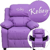 Personalized Deluxe Padded Lavender Vinyl Kids Recliner with Storage Arms, BT-7985-KID-LAV-TXTEMB-GG