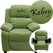Personalized Deluxe Padded Avocado Microfiber Kids Recliner with Storage Arms, BT-7985-KID-MIC-AVO-TXTEMB-GG