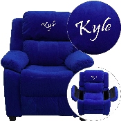Personalized Deluxe Padded Blue Microfiber Kids Recliner with Storage Arms, BT-7985-KID-MIC-BLUE-TXTEMB-GG