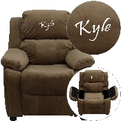 Personalized Deluxe Padded Brown Microfiber Kids Recliner with Storage Arms, BT-7985-KID-MIC-BRN-TXTEMB-GG