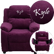 Personalized Deluxe Padded Purple Microfiber Kids Recliner with Storage Arms, BT-7985-KID-MIC-PUR-TXTEMB-GG