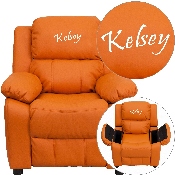 Personalized Deluxe Padded Orange Vinyl Kids Recliner with Storage Arms, BT-7985-KID-ORANGE-TXTEMB-GG
