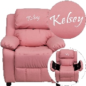 Personalized Deluxe Padded Pink Vinyl Kids Recliner with Storage Arms, BT-7985-KID-PINK-TXTEMB-GG