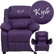 Personalized Deluxe Padded Purple Vinyl Kids Recliner with Storage Arms, BT-7985-KID-PUR-TXTEMB-GG