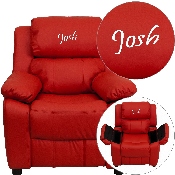 Personalized Deluxe Padded Red Vinyl Kids Recliner with Storage Arms, BT-7985-KID-RED-TXTEMB-GG