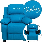 Personalized Deluxe Padded Turquoise Vinyl Kids Recliner with Storage Arms, BT-7985-KID-TURQ-TXTEMB-GG