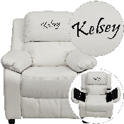 Personalized Deluxe Padded White Vinyl Kids Recliner with Storage Arms, BT-7985-KID-WHITE-TXTEMB-GG
